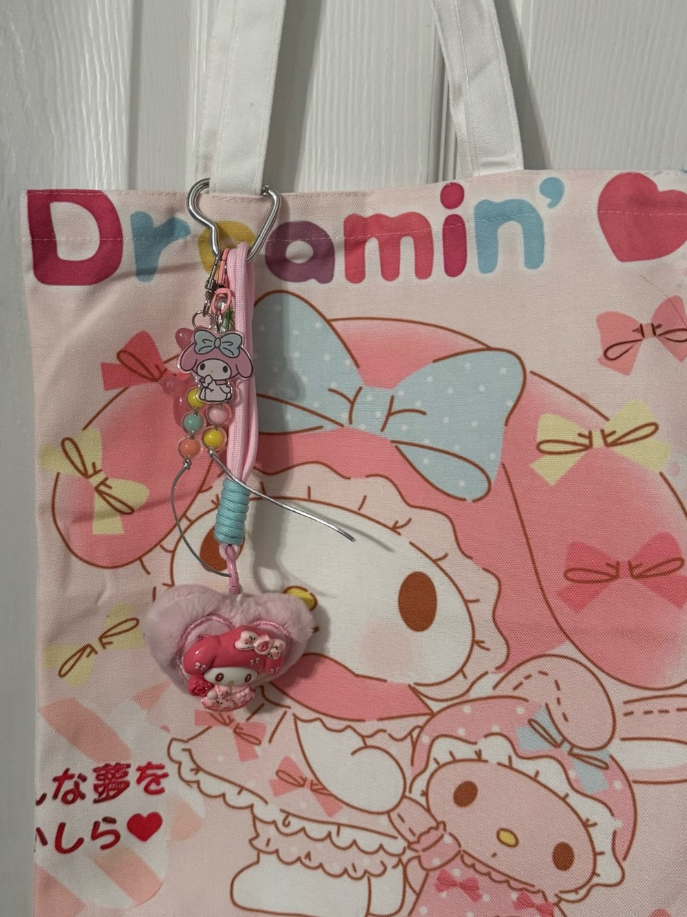 Sanrio My Melody Canvas Bag With Pink Melody Plush Heart Bag Charm.